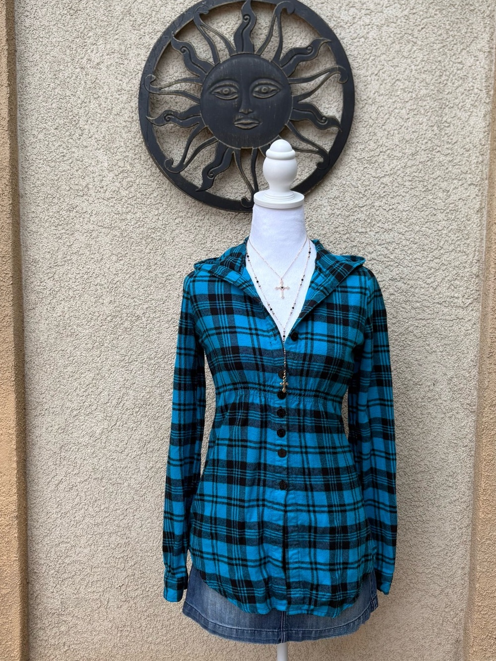 SoCal Blue Hooded Button Up Flannel Long Sleeve Top Y2K Streetwear Fall Winter